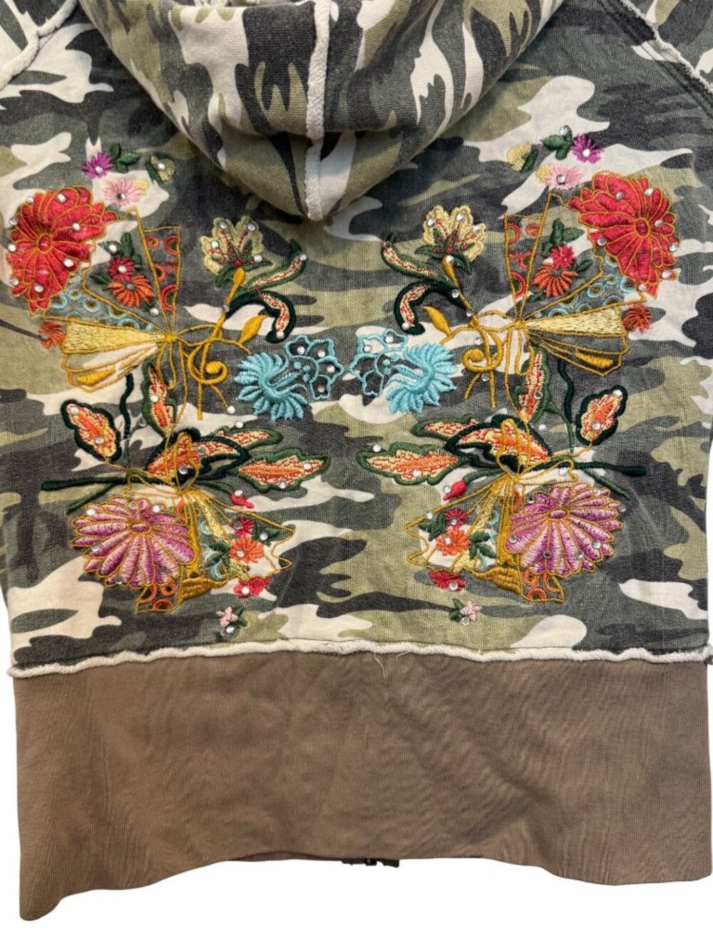 Miss Me Camo Hoodie With Embroidered Floral Design & Sequins Small - Picture 7 of 8